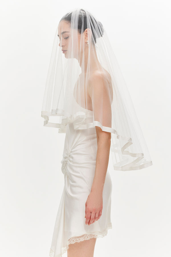 Wide silk trim veil